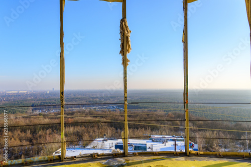 Aerial top panoramic scenery landscape  of Grunewald forest from terrace of abandon radio tower, Teufelsberg, in Berlin, Germany during winter season. photo