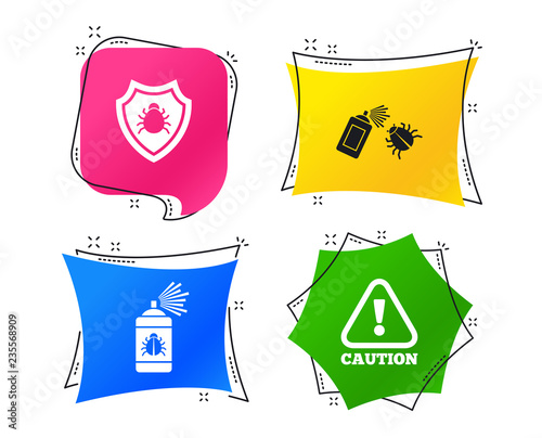 Bug disinfection icons. Caution attention and shield symbols. Insect fumigation spray sign. Geometric colorful tags. Banners with flat icons. Trendy design. Vector