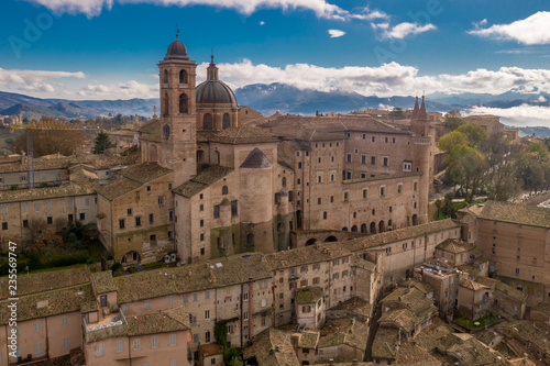 Aerial view of the Ducal Palace at the popular tourist destination world heritage site of Urbino in the Marche region Italy
