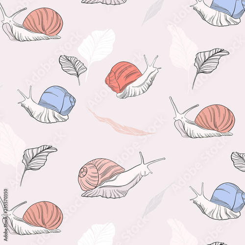 Vector snails wildlife illustration and hand-drawn shapes. Childish cute doodle texture. Great for fabric, textile. Mollusk background Illustration.