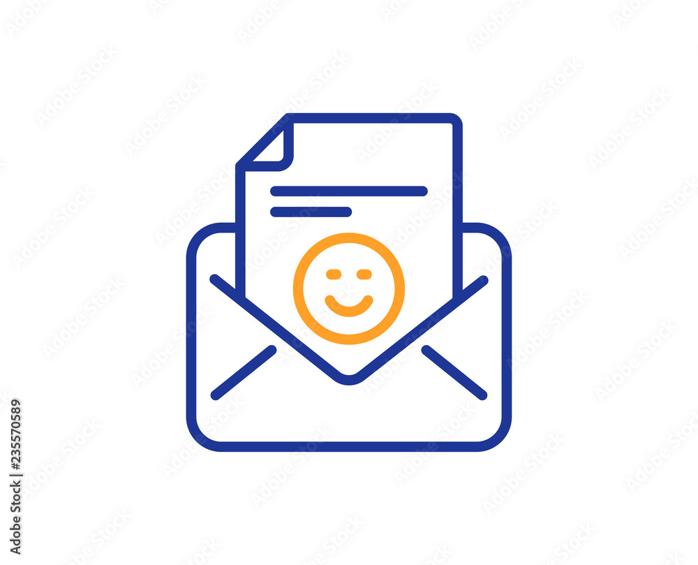 Smile mail line icon. Positive feedback letter sign. Customer satisfaction symbol. Colorful outline concept. Blue and orange thin line color Smile icon. Vector Smile mail line icon. Positive feedback letter sign. Customer satisfaction symbol. Colorful outline concept. Blue and orange thin line color Smile icon. Vector