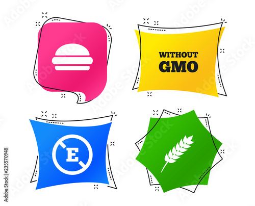 Food additive icon. Hamburger fast food sign. Gluten free and No GMO symbols. Without E acid stabilizers. Geometric colorful tags. Banners with flat icons. Trendy design. Vector