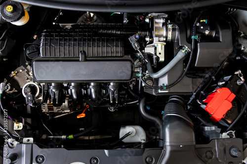 Car engine motor concept Close up detail of new Car engine part