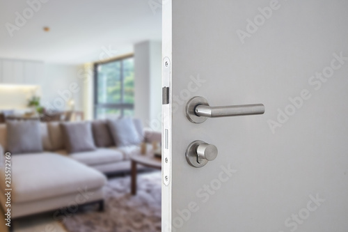 Door handle ,hotel or apartment door open in front of blur living interior room background, selective focus