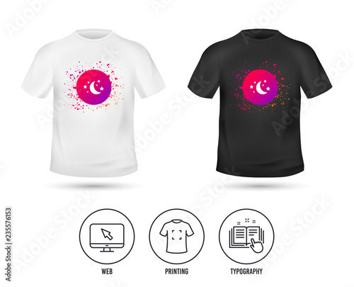 T-shirt mock up template. Moon and stars icon. Sleep dreams symbol. Night or bed time sign. Realistic shirt mockup design. Printing, typography icon. Vector