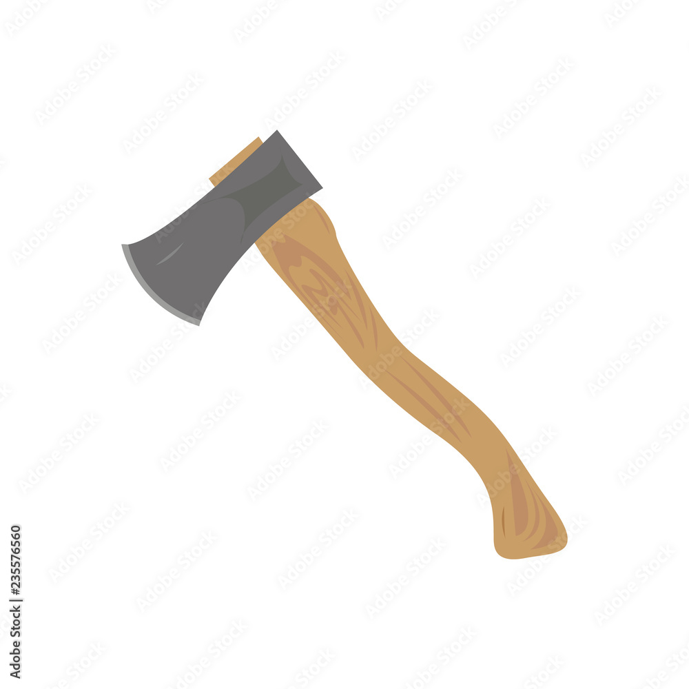 Wooden axe isolated on white background. Element for woodworking or lumberjack emblem or icon. Realistic vector illustration of metal ax with handle made of wood Wooden axe isolated on white background. Element for woodworking or lumberjack emblem or icon. Realistic vector illustration of metal ax with handle made of wood
