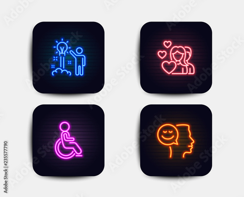 Neon glow lights. Set of Creative idea, Couple and Disabled icons. Good mood sign. Startup, Valentines day, Handicapped wheelchair. Positive thinking.  Neon icons. Glowing light banners. Vector