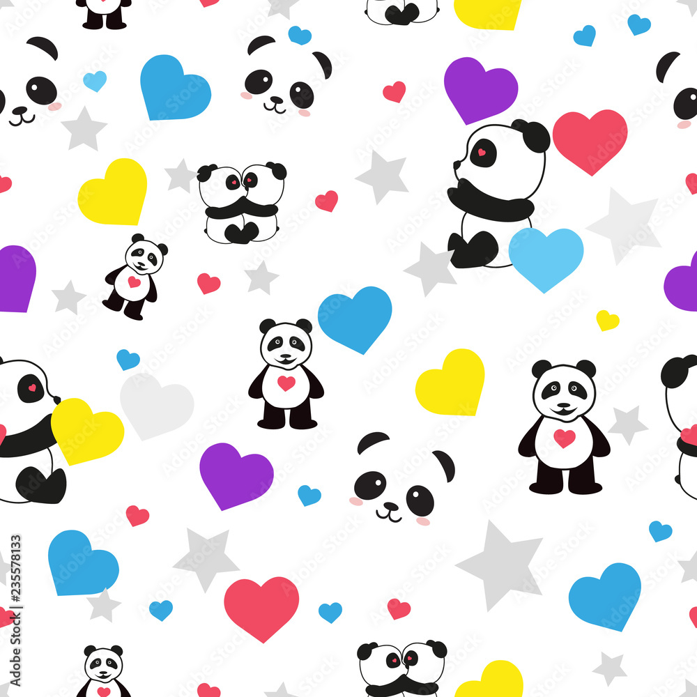 Obraz premium Cartoon Teddy Bears Vector Seamless Pattern. Scandinavian style Animals. Background for Kids of Hand drawn Doodle Cute Baby Panda Bear Head with Stars and Hearts