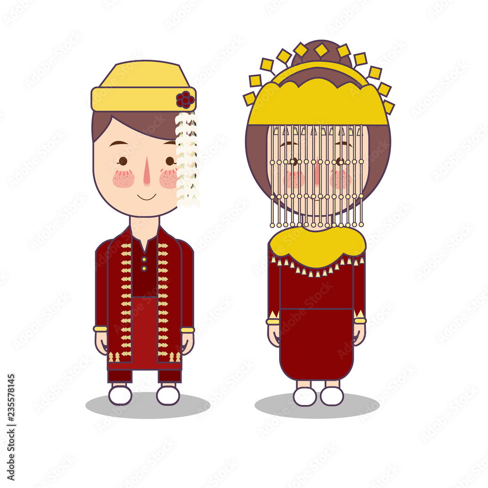 Betawi Jakarta couple traditional national clothes of Indonesia. Set of ...