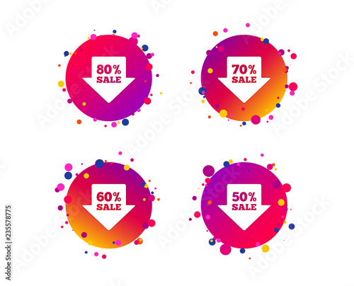Sale arrow tag icons. Discount special offer symbols. 50%, 60%, 70% and 80% percent sale signs. Gradient circle buttons with icons. Random dots design. Vector
