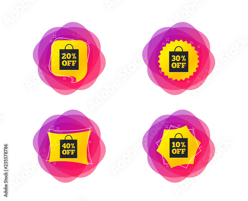 Sale bag tag icons. Discount special offer symbols. 10%, 20%, 30% and 40% percent off signs. Geometric gradient sales shapes. Creative banners. Template for design. Vector