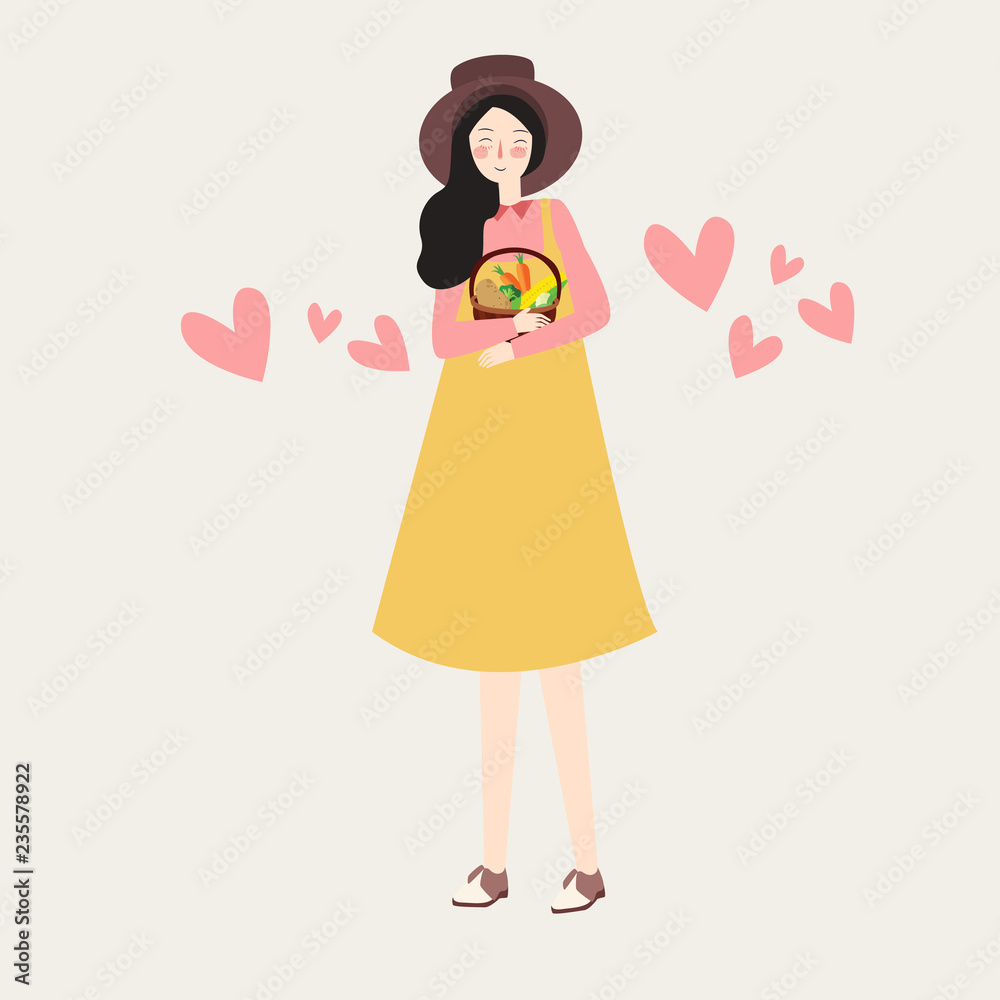 Illustration of a Girl Carrying a Large Basket Full of Vegetables. Wearing Hat full of love. Illustration of a Girl Carrying a Large Basket Full of Vegetables. Wearing Hat full of love.