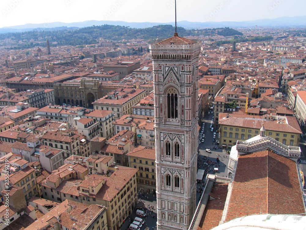 Giotto's Campanile frames the skyline of the city of Florence, Italy