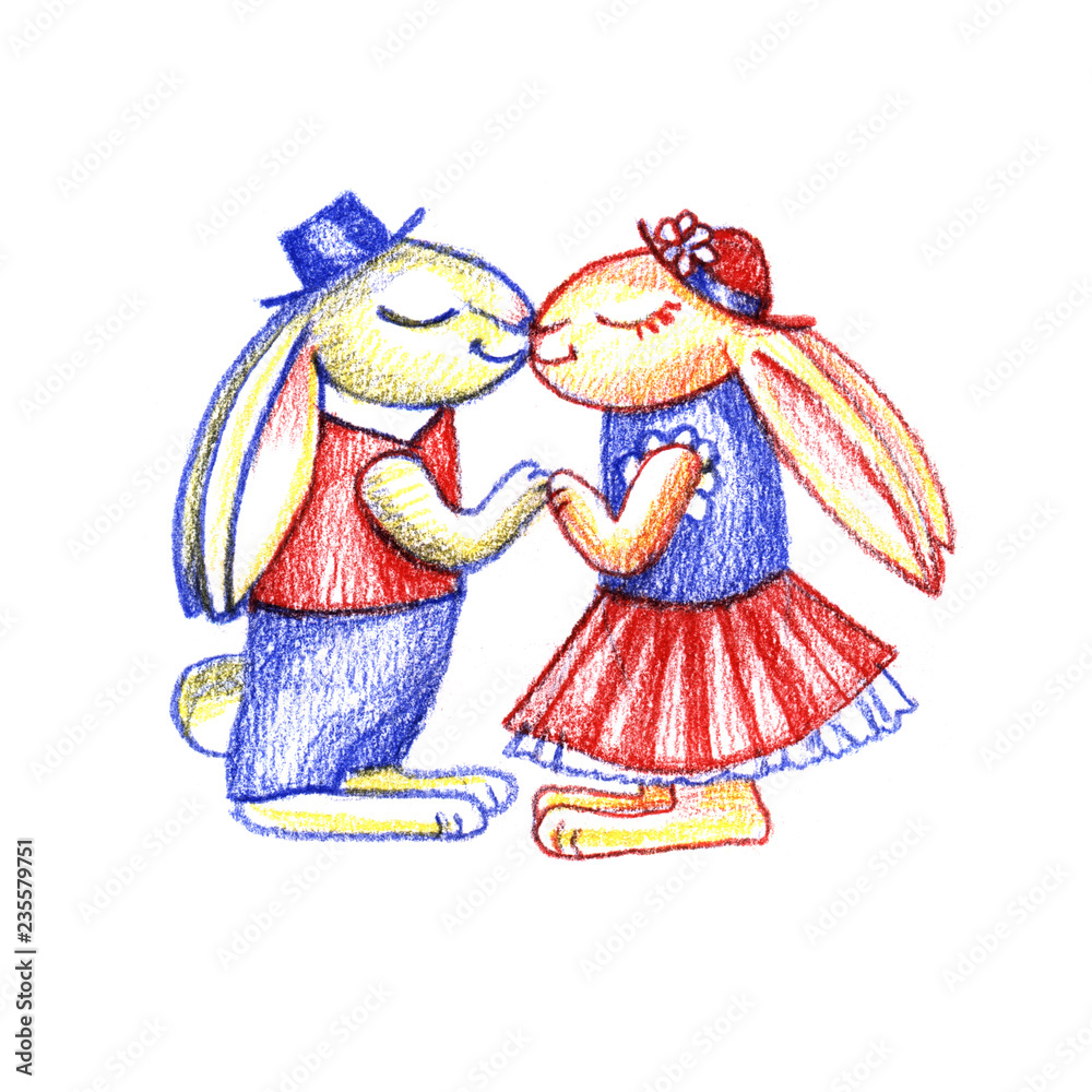 Hand Drawn Illustration of kissing bunnies, Valentine Day , Love