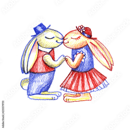 Hand Drawn Illustration of kissing bunnies, Valentine Day , Love