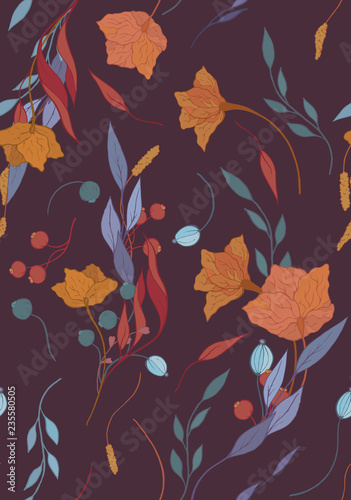 Dark seamless pattern. Drawn  imitation ink. A bouquet of various herbs  leaves  foliage  small flowers  twigs. Blue  orange  purple  lilac and red colors. Dark purple background.