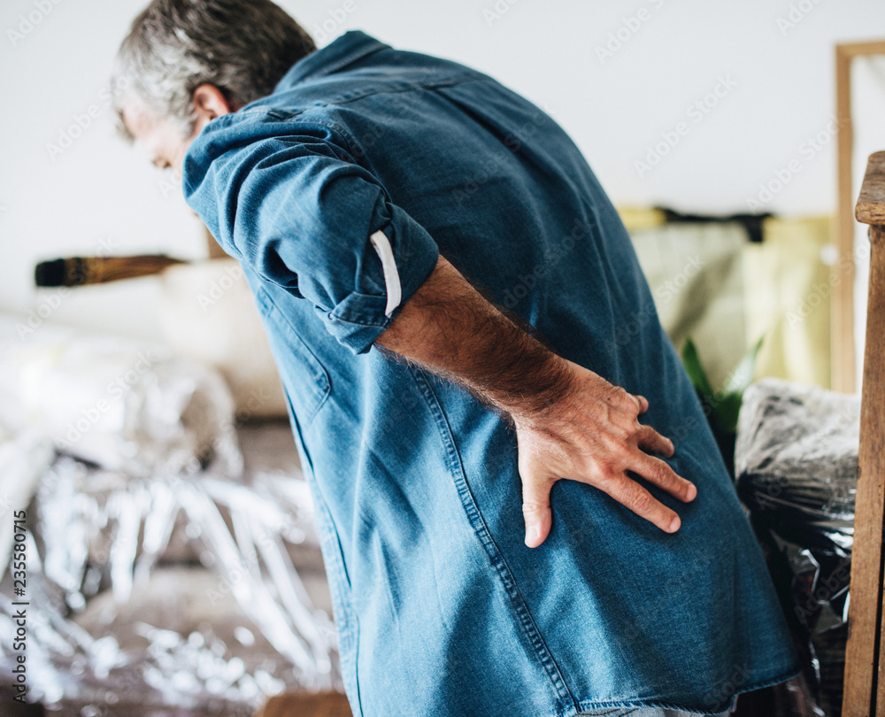 Senior man having back pain - obrazy, fototapety, plakaty 