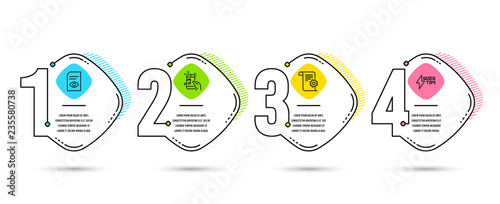 Infographic timeline set of Technical documentation, Music phone and View document icons. Quickstart guide sign. Manual, Radio sound, Open file. Lightning symbol. Vector