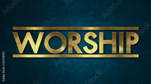 Φωτογραφία The word WORSHIP concept written in gold texture on wooden background