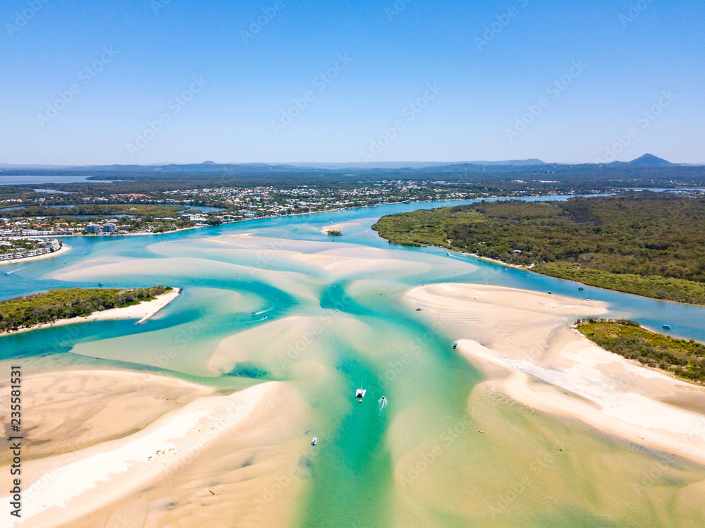 Noosa river aerial view with vibrant blue water on the Sunshine Coast in Queensland, Australia