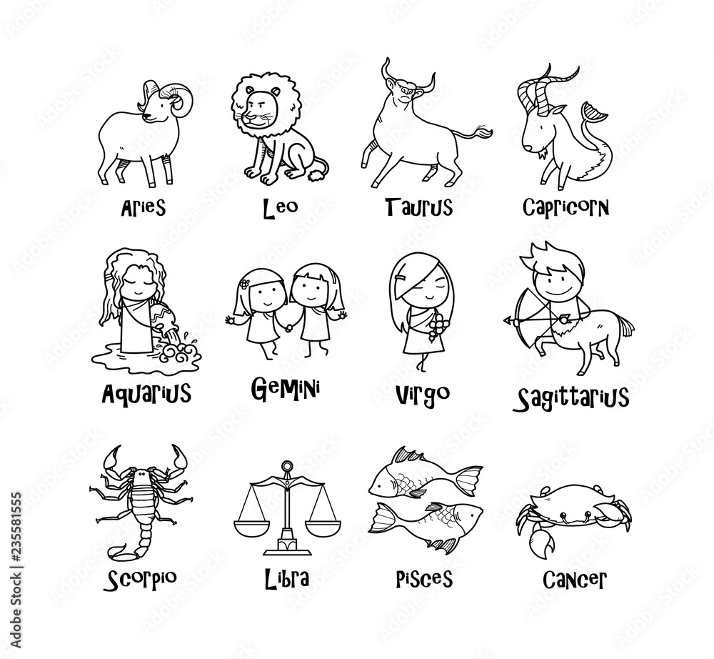 Complete full set of Zodiac symbols icon, hand drawn vector cartoon ...