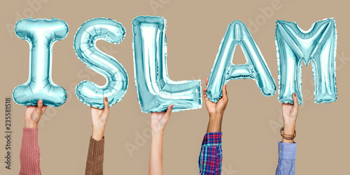 Hands holding Islam word in balloon letters