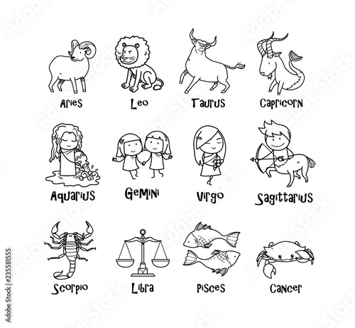 Complete full set of Zodiac symbols icon, hand drawn vector cartoon illustration of cute zodiac signs