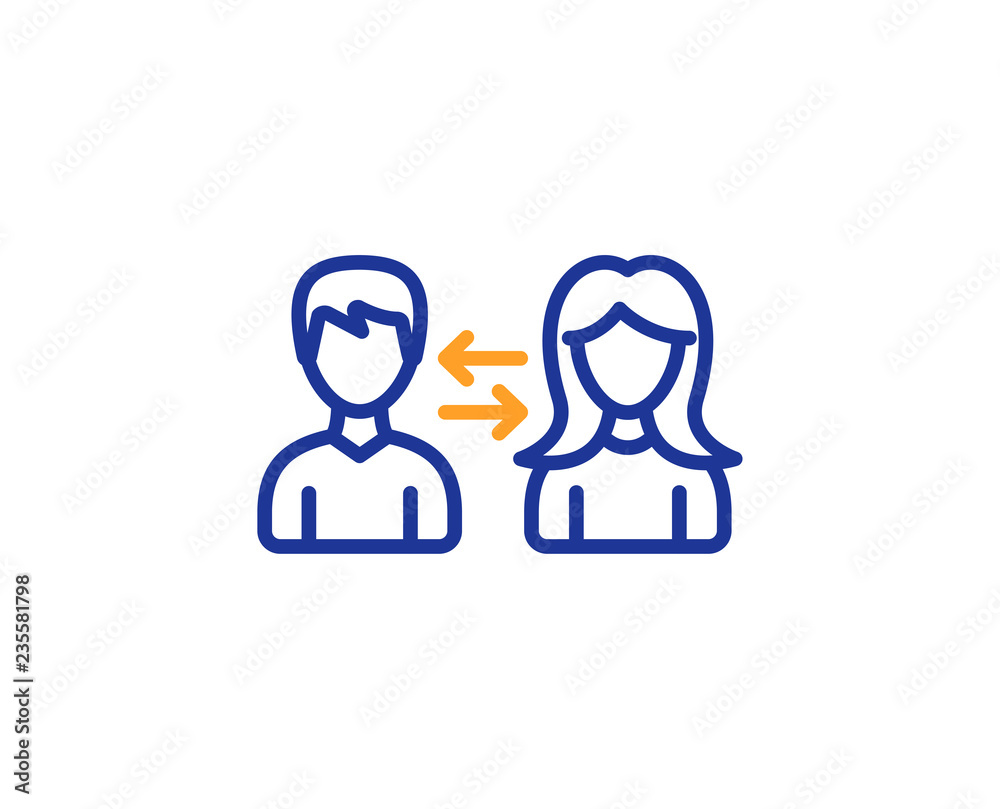 Teamwork line icon. Users communication. Male and Female profiles sign. Person silhouette symbol. Colorful outline concept. Blue and orange thin line color icon. People communication Vector
