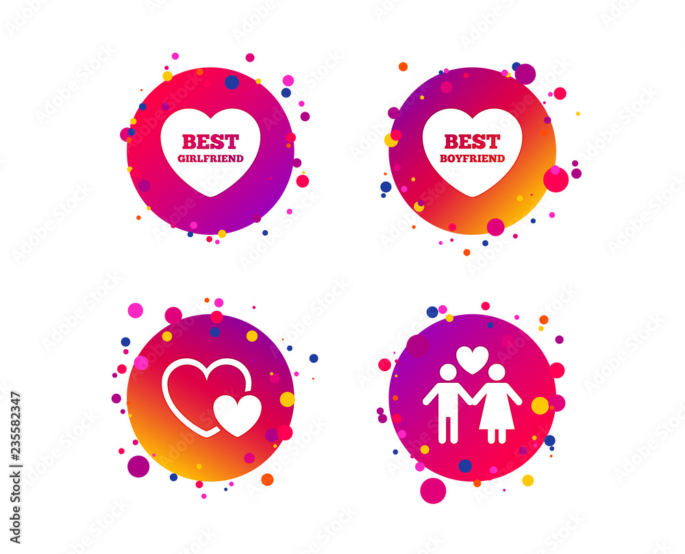 Valentine day love icons. Best girlfriend and boyfriend symbol. Couple lovers sign. Gradient circle buttons with icons. Random dots design. Vector Valentine day love icons. Best girlfriend and boyfriend symbol. Couple lovers sign. Gradient circle buttons with icons. Random dots design. Vector
