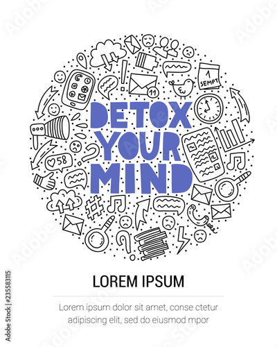 Detox your mind. Concept illustration with lettering and doodles