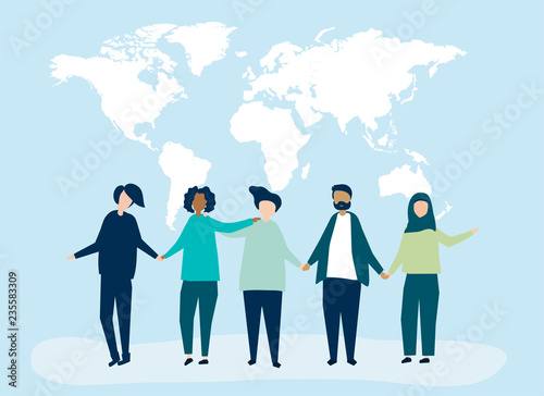 Character illustration of people with a world map illustration