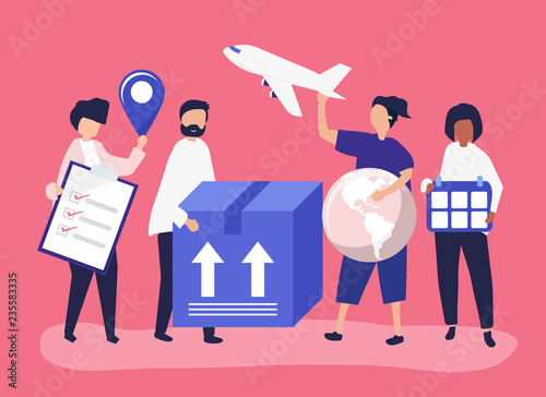 Character illustration of people with packages for shipment