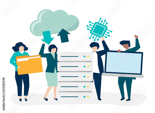 Characters of people with data storage icons illustration