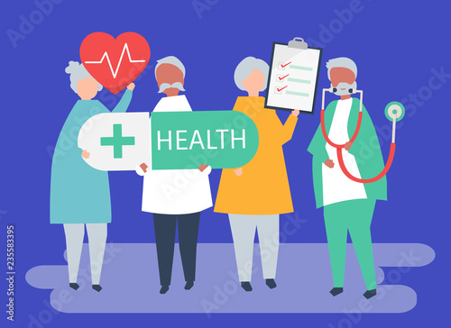 Character illustration of elderly people holding health icons