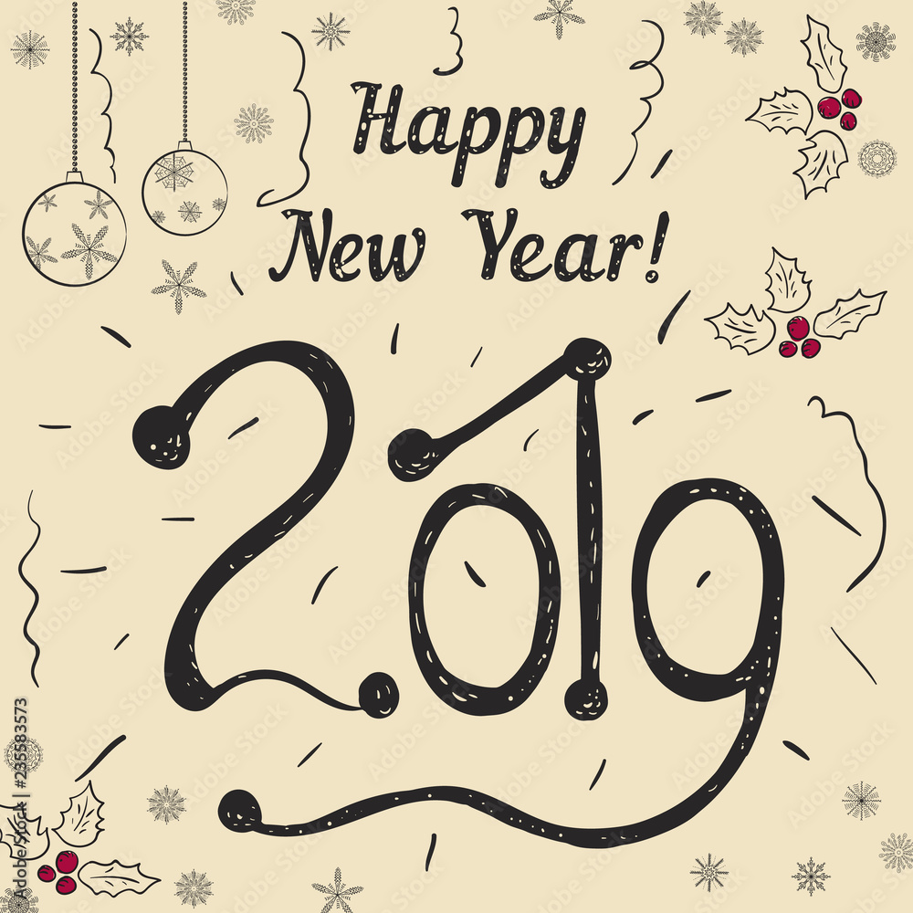 Φωτογραφία 2019 handwritten inscription with snowflakes and Christmas balls_2_happy New year card design