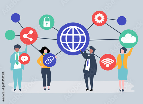 Character illustration of business people with connection icons