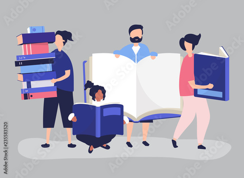 Group of people reading and borrowing books