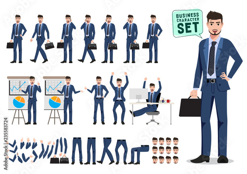 Male business character vector set. Business man cartoon character creation set holding briefcase and talking with different pose for presentation isolated in white. Vector illustration.