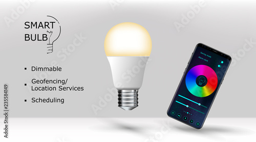 Realistic smartphone and smart led lightbulb isolated. Vector illustration. App for smart bulb