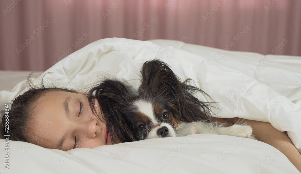 Beautiful teen girl sleeping sweetly in bed with Papillon dog