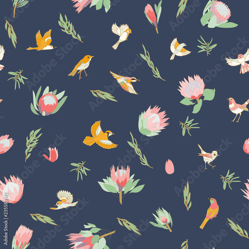 Pattern with birds, tropical protea flowers, and lines