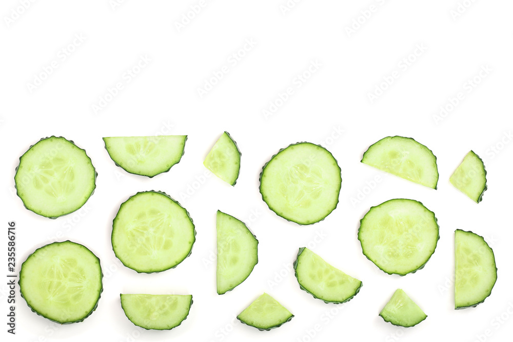 Cucumber slices isolated on white background with copy space for your text. Top view. Flat lay pattern. Set or collection Cucumber slices isolated on white background with copy space for your text. Top view. Flat lay pattern. Set or collection