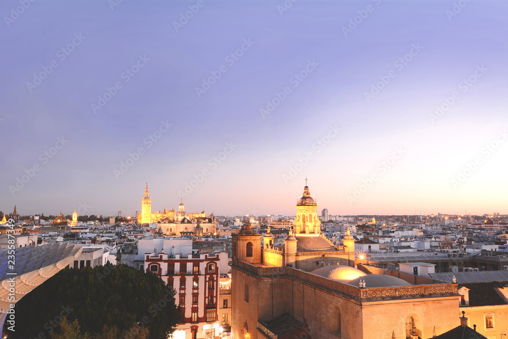Cityscape of Seville at sunset.
