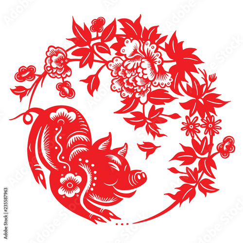 Happy chinese new year 2019 Zodiac sign year of the pig with paper cut art and craft style on Background