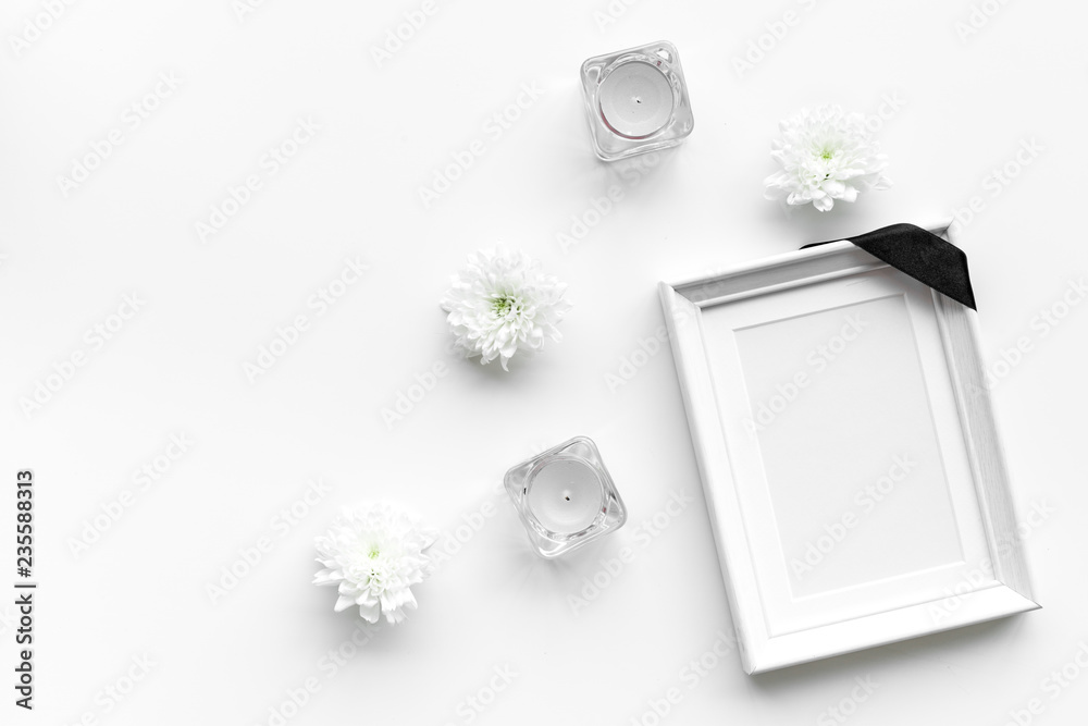 Death concept. Photo frame, mockup with black ribbon near flowers, candles  on white background top view copy space Stock Photo | Adobe Stock