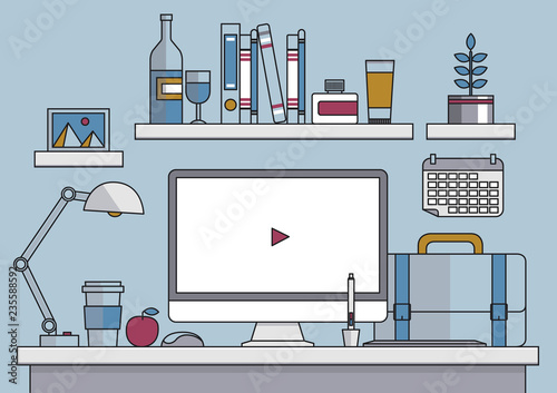 Equipment and workplace of creative graphic designer, flat line vector and illustration.