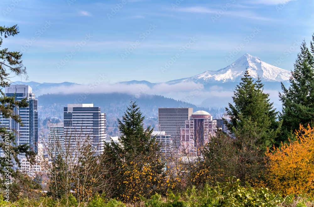 Fototapeta premium Portland Oregon skyline and Mt. Hood.