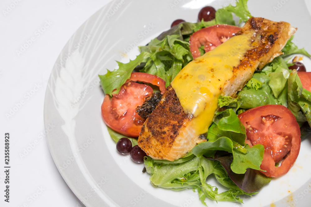 Close up roasted salmon steak with sauce and tomatoes, fresh vegetable on the dish. Close up roasted salmon steak with sauce and tomatoes, fresh vegetable on the dish.