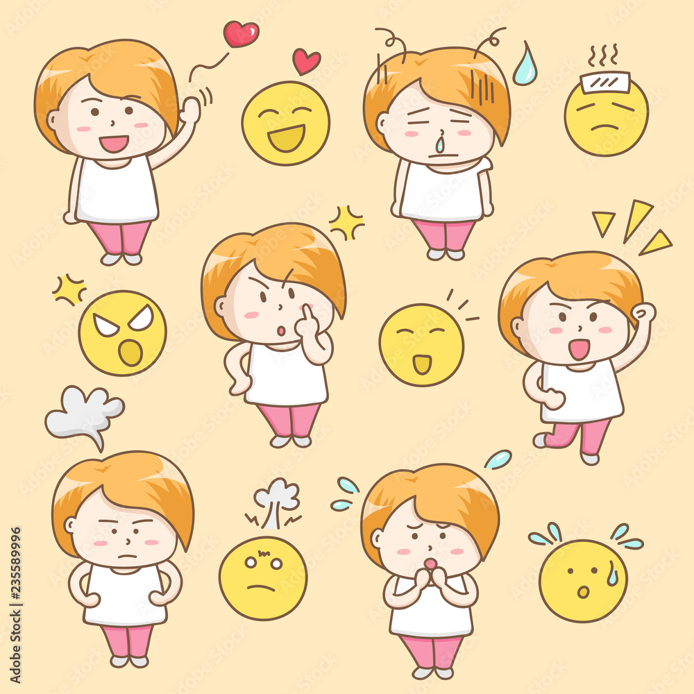 Design elements vector of cute woman cartoon character in different poses and emotions. Design elements vector of cute woman cartoon character in different poses and emotions.