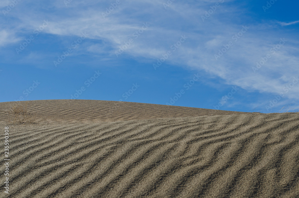 The wavy texture on the hills in the basin dunes in the summer sun. The wavy texture on the hills in the basin dunes in the summer sun.